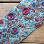 50㎝カット済【インド刺繍リボン】シルク　刺繍　リボン　りぼん   【ブルー】