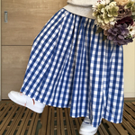 ギャザーたっぷりガウチョ☆マキシ丈☆デニム＆ブルーチェック柄