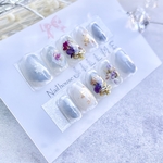 再販3✨花束と氷の宝石Nail【くすみシアーblue】  パーティー 結婚式 ウェディング  成人式 ネイルチップ 青