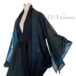 "裾&袖クシュ"変型羽織 紗 着物リメイク シースルー 作務衣 カーディガン 和柄 イベント コスプレ 和コート フォーマル 衣装 和楽器 歌手 お箏 和太鼓 衣装 黒青 フリーサイズ  (5319)