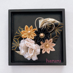 つまみ細工の髪飾り【黒麻の葉×金ラメ　ダブルリボンと剣つまみ】成人式　振袖　卒業式　袴　浴衣　七五三　着物に♪