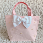 ホワイトリボン&パール付ピンクバッグ♡ランチバッグお弁当バッグサブバッグキッズバッグ