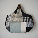 シンプル系　まちありタックぷっくりBAG　①　文字　♪　帆布　黒　チェコリネン