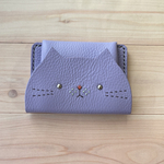 ねこのお顔　カードポケット付きコインケース　国産シュリンクレザー　パープルのねこ