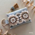 再販♡インド刺繍リボンポーチ ブルーグレー♡ミニポーチ Airpods入れ フェイクレザー