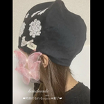 【mima様お取置き品】m-38❤︎麻ブラック×お花モチーフ❤︎ ケア帽子　オシャレ帽子　医療用帽子