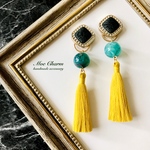 【renewal】ヴィンテージボタン ver.black✳︎mustard タッセル 2wayイヤリング