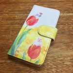 iPhone手帳型ケース　文鳥とチューリップ