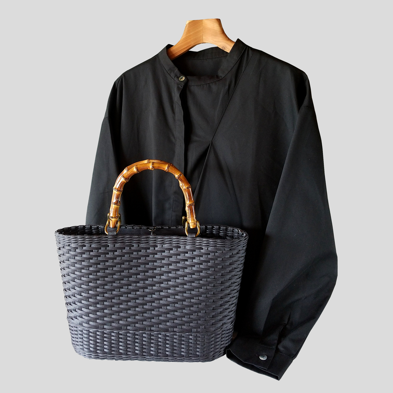 ブラック×バンブーの大人かごバッグ Mサイズ 2way - 華かご屋