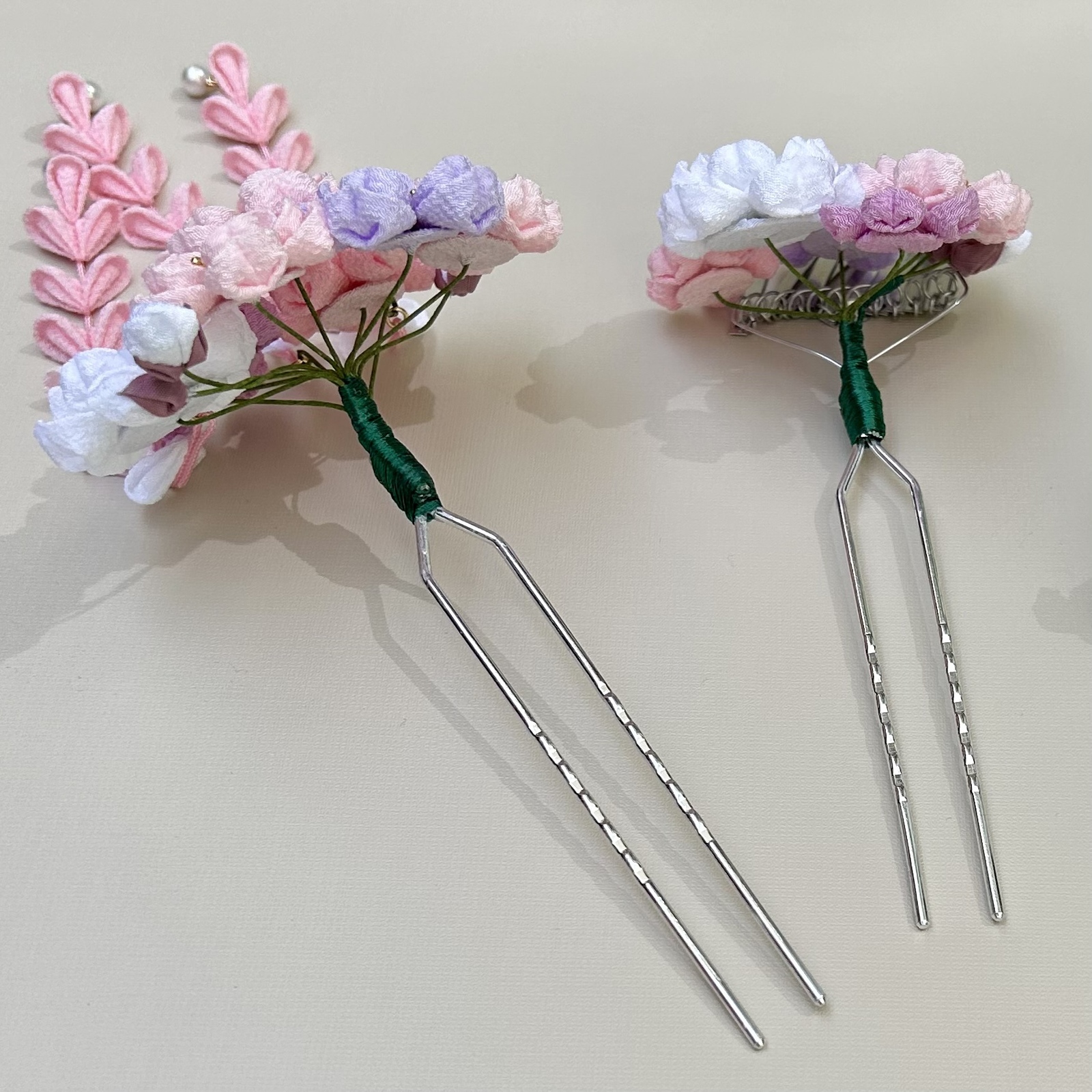 七五三（7歳さん以上向け）桜かんざしセット つまみ細工 ピンク 紫 藤