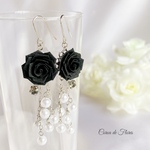 黒いばらとパールのピアス/イヤリング　つまみ細工　正絹羽二重　シルク