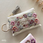 再販✨インド刺繍リボンポーチ 春が来た💐グレージュ♡カードケース💳 フェイクレザー