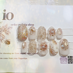 春ネイル　白無垢　着物　和風ネイルチップ　ホワイト　ブラウンピンク　さくらネイル　ぷっくりフラワー　ブライダル　結婚式