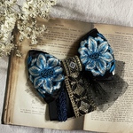 【リボンNO.208】RibbonDressシリーズ　インド刺繍リボン　ヘアアクセサリー　個性的　大人可愛い　水色　ブルー　ブラック　花刺繍【まる福】