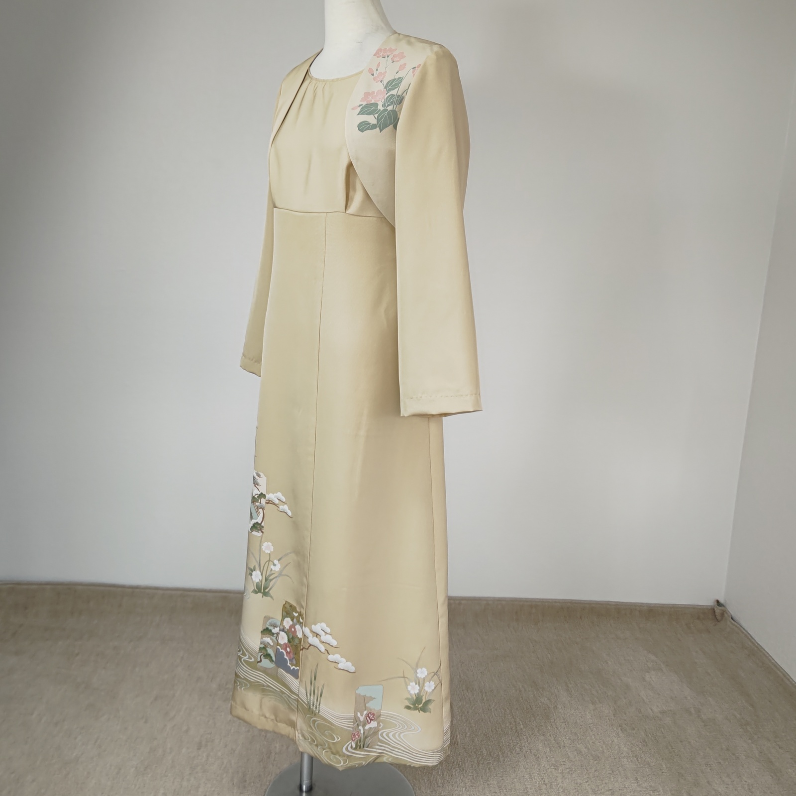 色留袖ドレス ノースリーブ ボレロ長袖付 着物リメイクワンピース