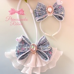 再販✨ペット用カチューシャ&チョーカー　セット③ブルーツイード💖🎀安全首輪タイプチョーカー🎀 