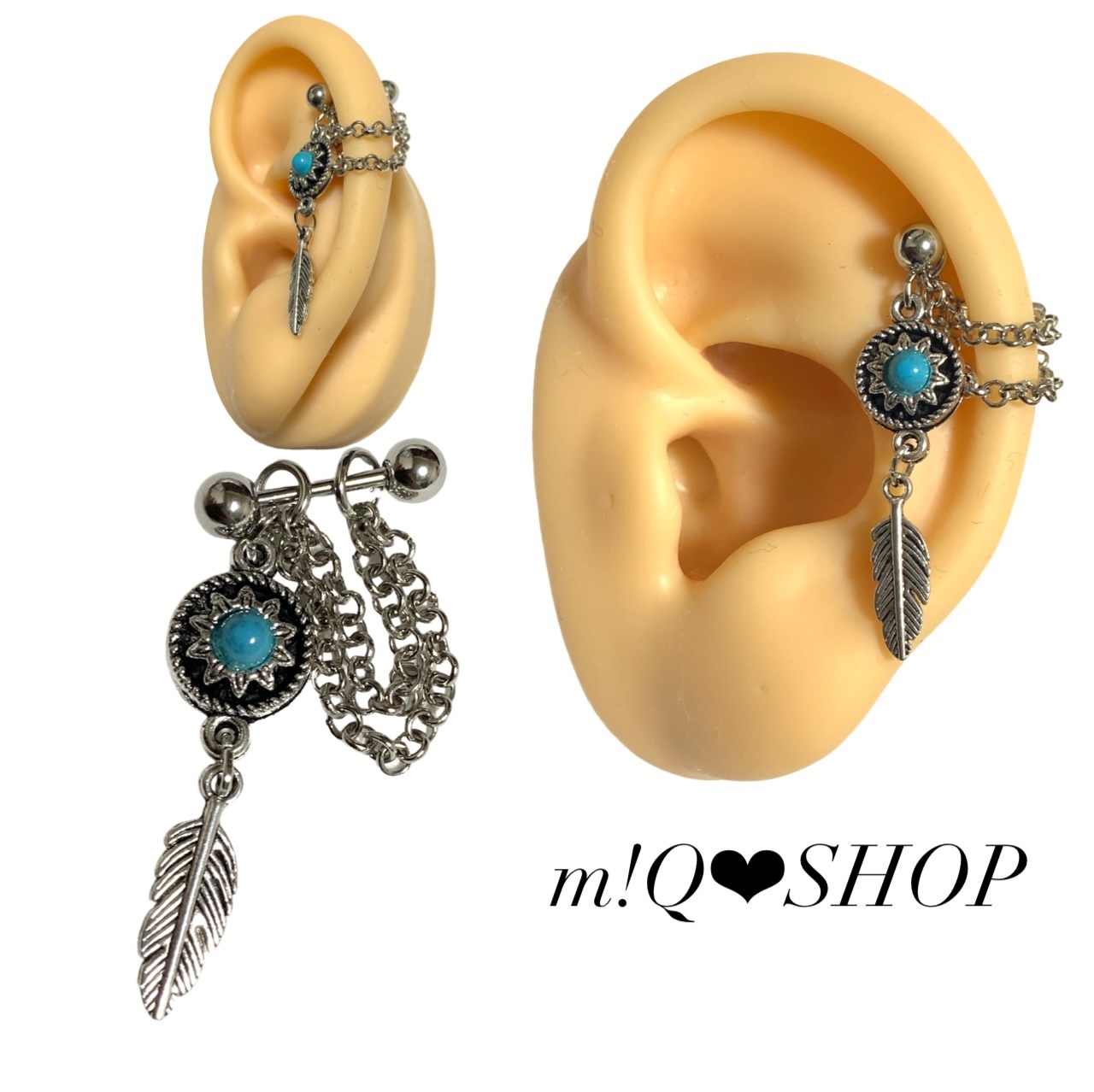 2連チェーン 軟骨ピアス ターコイズ フェザー - m!Q♡SHOP | minne 
