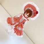 【送料無料】リカちゃんお洋服、サーモンピンクのドット柄ジャンパースカート、ワンピース、ボンネット、ヘッドドレス、ペチコート、靴下の6点セット（70）