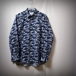 セール70％オフ🔥たった一つの…メンズ🔷ダブルガーゼ🔷カモフラージュプリント🔷レギュラーカラーシャツ🔷ネイビーブルーグレー系🔷LLサイズ