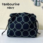 お値下げ　ミナペルホネン　tambourine navy+light green ハンドメイドエアリーポシェット（巾着）