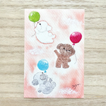 🐶透明水彩画「風船で遊ぼう♪ 」 イラストポストカード　２枚セット トイプードル　犬　バースデーカード　メッセージカード　母の日　父の日