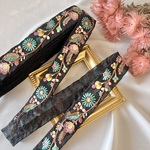 30cm/50cm  インド刺繍リボン  チュール  花柄 　グリーン×ブラック