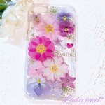 [ご注文品] 押し花ケース ＊Happyジュリアン＊スマホケース   名入れ可能  ラメ・ホロ・スワロフスキー無料 [受注製作]