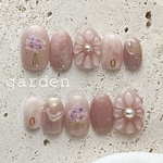 ピンクな押し花＆ぷっくりフラワーネイル　❁.｡.:*:.｡.  ネイルチップ　成人式ネイル　ブライダルネイル　花嫁ネイル　お呼ばれネイル　ミラーネイル　春ネイル　押し花ネイル　❁.｡.:*