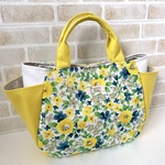 【送料無料】サイドポケット付手さげトート☆中サイズ(花柄&イエロー帆布)