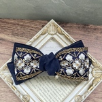 《再販》インド刺繍リボン 紺「インド刺繍×スエードリボン・ネイビー(ゴールドライン)×ネイビー」ヘアアクセサリー バレッタ ヘアクリップ ポニーフック ヘアゴム ヘアピン 青 黒 ゴールド 
