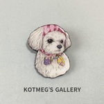 マルチーズ  ほっかむり ブローチ　オリジナル イラスト 犬 いぬ わんちゃん　花　茶　ピンク