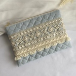 ファスナー母子手帳ケース　インド刺繍リボン　マルチポーチ　　お薬手帳ケース　スモーキーサックス