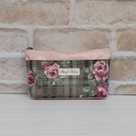ＹＵＷＡ布の四角いポーチ外ポケット付き花柄チェックグレーベージュ