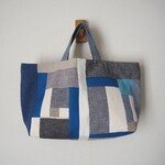 リネン・帆布・綿麻　ブルー系　ランダムパッチ　横長トートBAG　♪　綿麻　カラーリネン　青