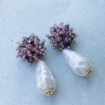 大粒雫パール と 透明ビーズ （パープル）の クリップ式 イヤリング　ピアス変更OK