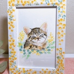 ミモザのフレーム（猫ちゃんイラスト原画付）　猫