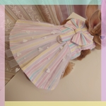 うさぎM ピンク系カラフルストライプドレス ペット服 ハーネス