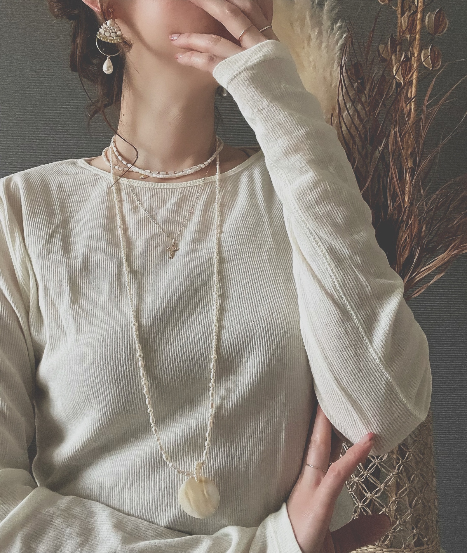14kgf*Boho Bohemian クロスとシェルの2連ネックレス* - m.a.y. 