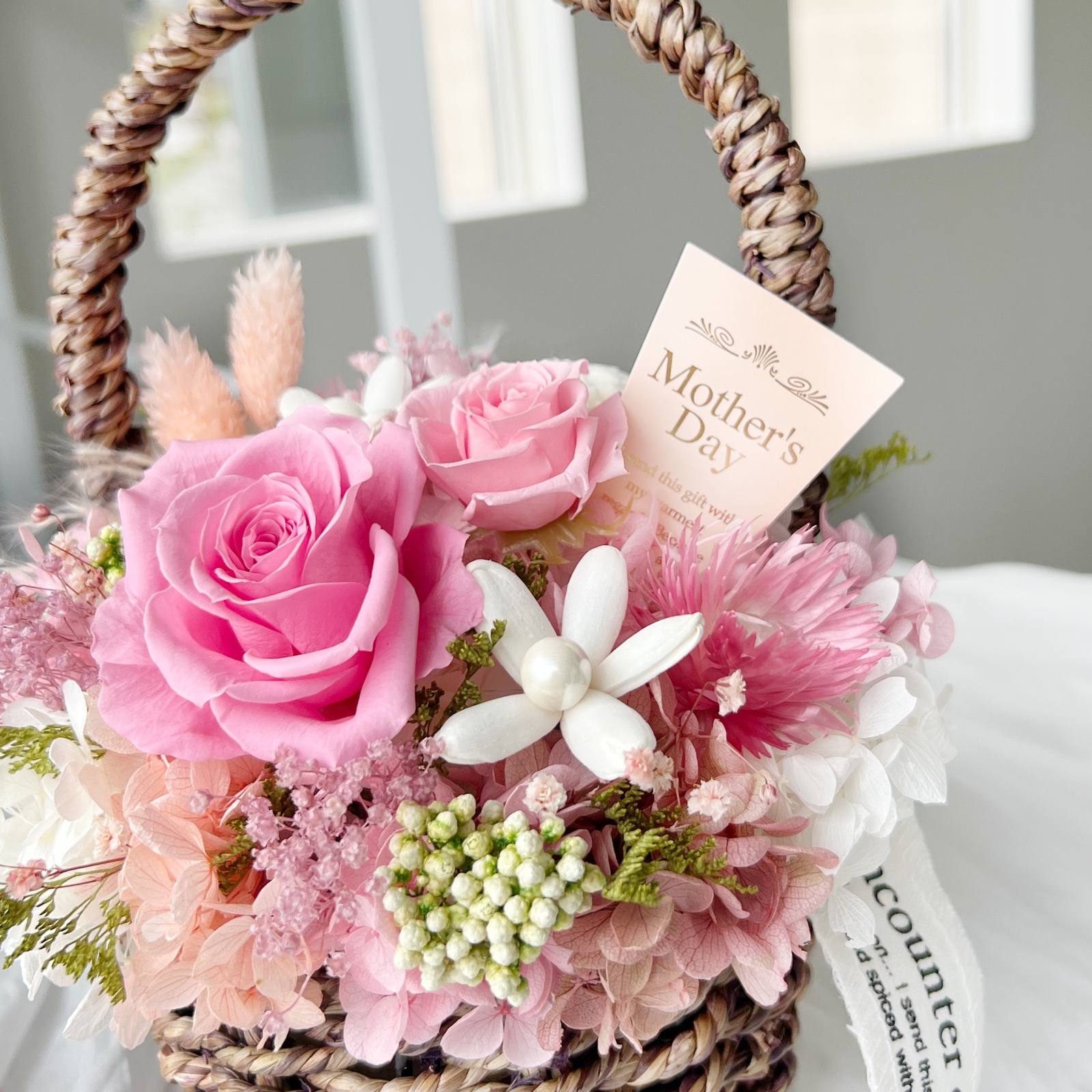 バスケットアレンジ ピンク プリザーブドフラワー 結婚祝 母の日
