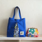 ✦mom様ご予約品✦北欧カラフルフラワーぽっちゃりがま口ポーチ&ちょっとそこまでミニバッグ青無地×花柄×水玉