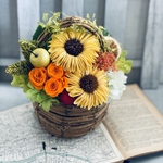 🌻ひまわり大好きビタミンカラーカゴアレンジ　開店祝い　プリザーブドフラワー　結婚祝い　お誕生日　ひまわり　退職祝い　送別祝い　新築祝い　お供え　オレンジ　母の日　母の日プレゼント　