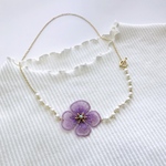 ライラックの咲くネックレス［パープル　紫　オーガンジー刺繍　フラワー　花　コットンパール　ホワイト　アシンメトリー　マンテル　雪の結晶　オーロラビジュー　組　宝塚］