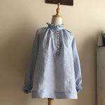 ベルギーLibeco社ストライプリネン（ブルー白）で作ったで作ったギャザーフリルブラウス