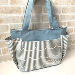 【送料無料】脇ポケット付き肩掛けトートバッグ/前ポケット付き☆中サイズ(ストライプ波&アッシュブルー帆布)