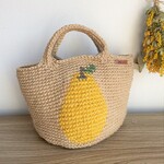 【受注制作】洋なし柄（イエロー）　麻ひもバッグ　かごバッグ　麻紐バッグ