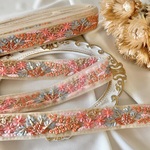 50cm  インド刺繍リボン  チュール  花柄 　ピンクブルー  #ct26