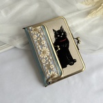  がま口 ペンケース付き手帳カバー　ブックカバー コンパクト 黒猫　インド刺繍リボン　ブラック　スケジュール帳