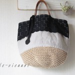 ブラック サークル レース+リネン麻ヒモかごバッグ Ｌ＊シックガーリー