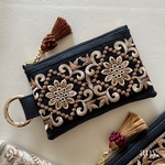 再販3✨インド刺繍リボンポーチ  ブラック♡カードケース💳 フェイクレザー