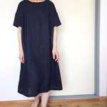 【予約販売】リネンワンピース  半袖  ネイビー